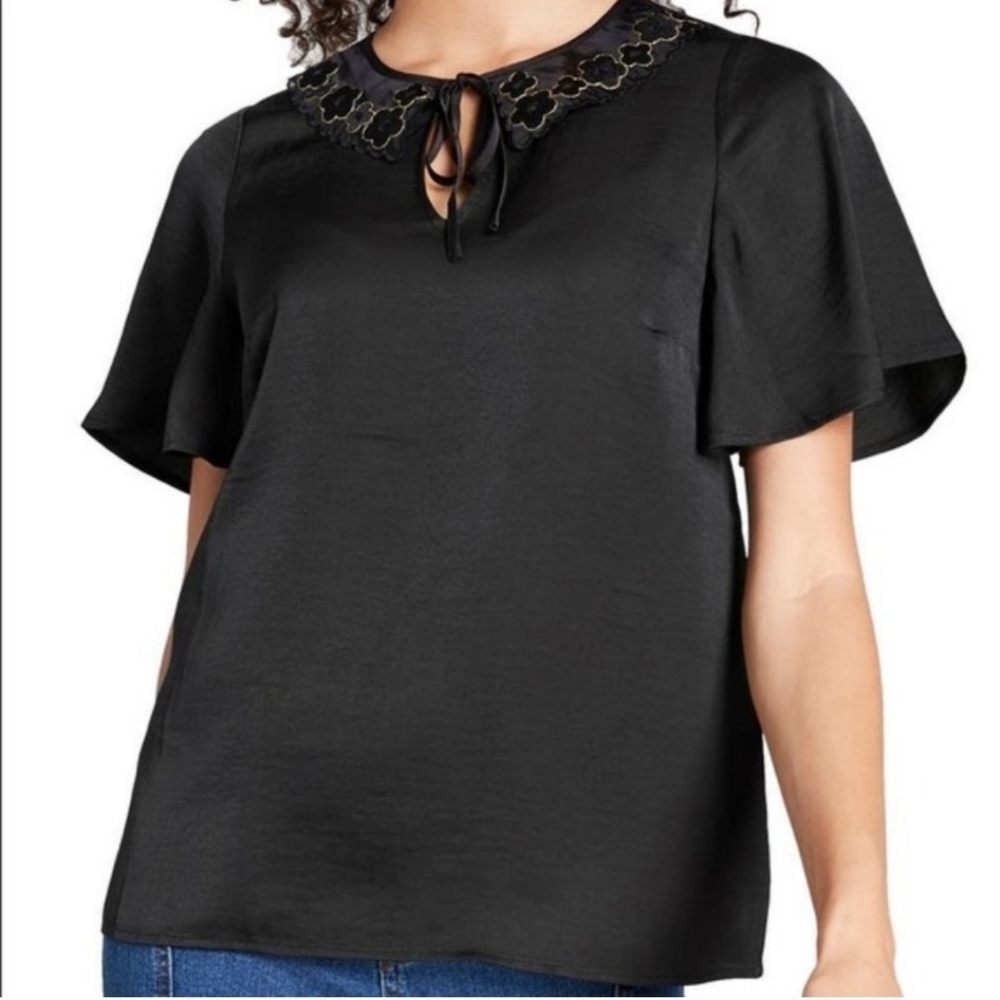 ModCloth Flutter Sleeve Gold Detail Satin Black Blouse Size Small